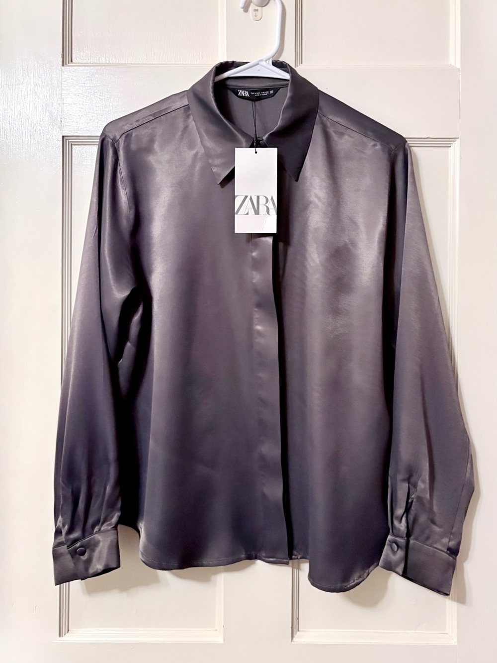 ZARA Satin Feel Button-Down Shirt in Charcoal NWT